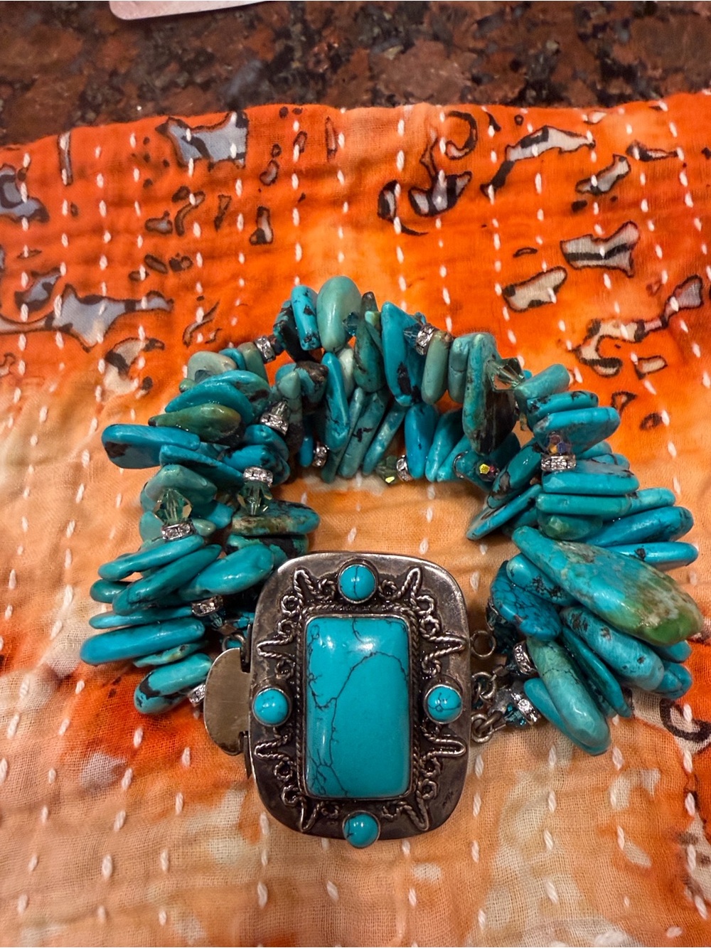Turquoise and silver bracelet large three strand beautiful class